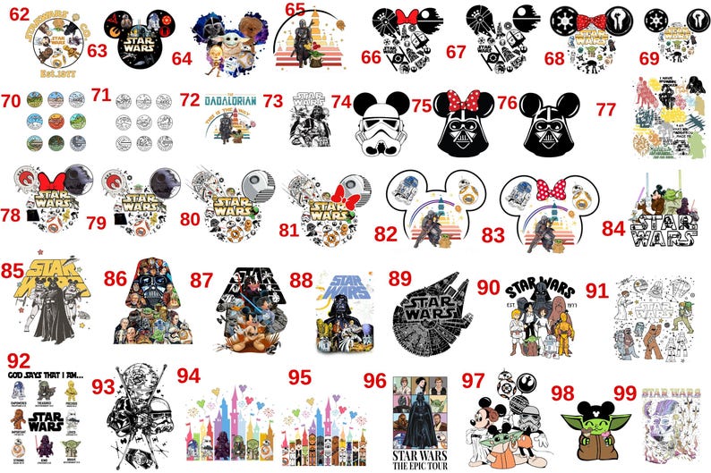 May include: A collection of Star Wars and Disney-themed designs. The designs include characters like Darth Vader, Yoda, and Mickey Mouse, along with Star Wars logos and quotes. The color palette is diverse, featuring black, white, and various other colors.