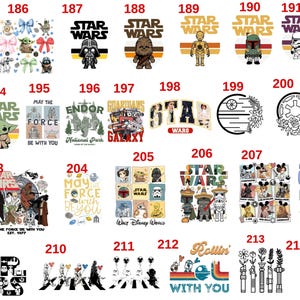 May include: A collection of Star Wars themed graphics, including characters like Darth Vader, Yoda, and Chewbacca, along with the Star Wars logo. The designs are on a white background.