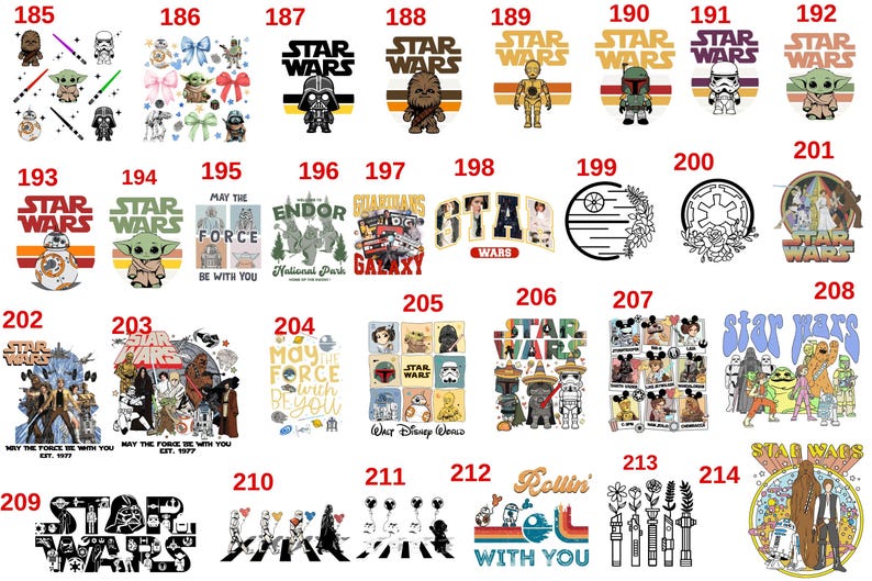 May include: A collection of Star Wars themed graphics, including characters like Darth Vader, Yoda, and Chewbacca, along with the Star Wars logo. The designs are on a white background.