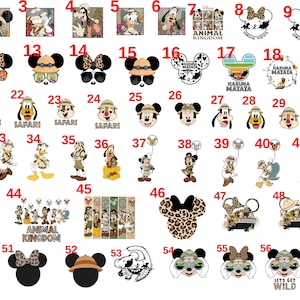 May include: A collection of Disney-themed designs featuring Mickey and Minnie Mouse, Goofy, Donald Duck, and other characters. Designs include safari themes, animal prints, and the text "Animal Kingdom", "Wild About Disney", and "Let's Get Wild".