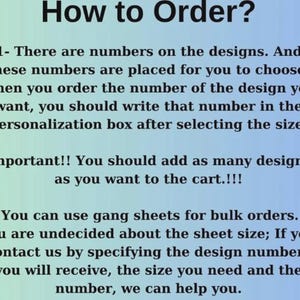 May include: Text on a gradient blue background reads "How to Order?" followed by numbered instructions. The instructions explain how to select designs by number and add them to the cart. Additional information is provided for bulk orders.