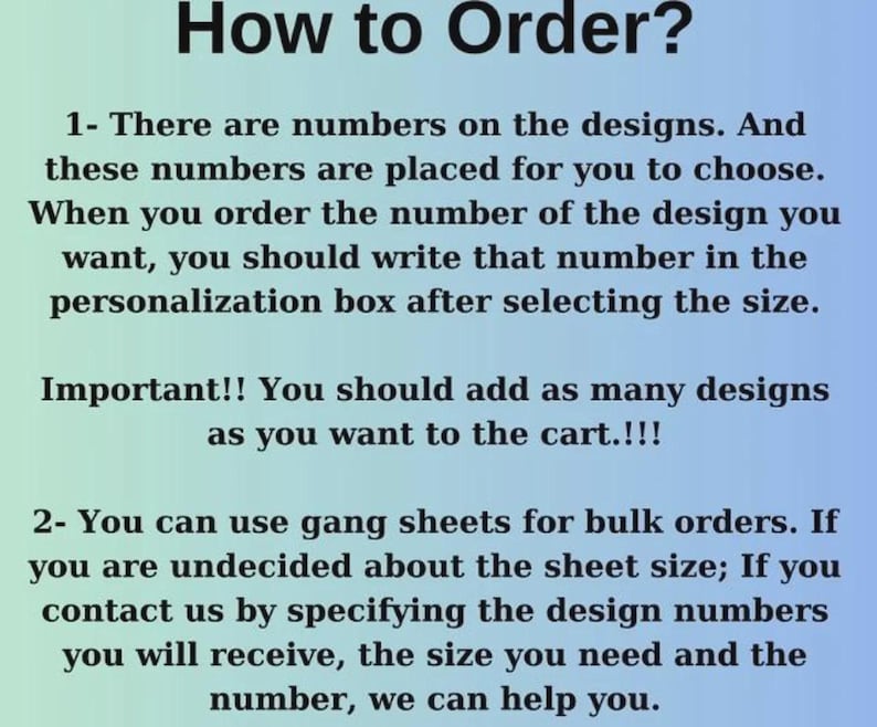 May include: Text on a gradient blue background reads "How to Order?" followed by numbered instructions. The instructions explain how to select designs by number and add them to the cart. Additional information is provided for bulk orders.