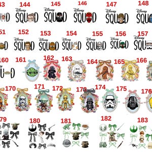 May include: A collection of Star Wars-themed designs, including character portraits and the word "SQUAD", arranged in various styles. The designs feature characters like Darth Vader, Yoda, and Stormtroopers, along with decorative elements.