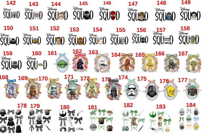 May include: A collection of Star Wars-themed designs, including character portraits and the word "SQUAD", arranged in various styles. The designs feature characters like Darth Vader, Yoda, and Stormtroopers, along with decorative elements.