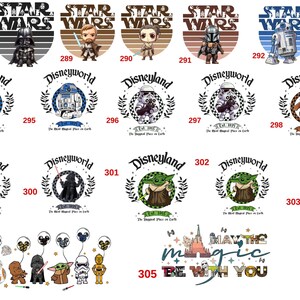 May include: A collection of Star Wars and Disney themed graphics. The designs include characters like Darth Vader, Yoda, and R2-D2, along with Disneyland and Disneyworld logos. The text "MAY THE MAGIC BE WITH YOU" is also present.