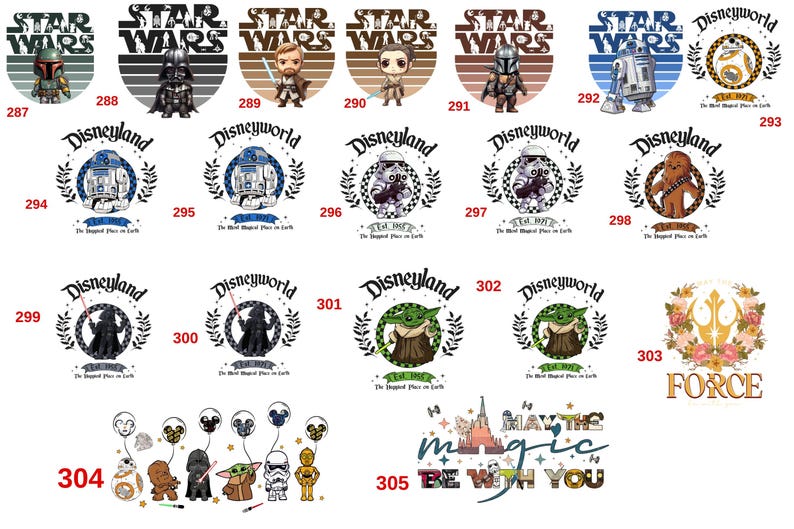 May include: A collection of Star Wars and Disney themed graphics. The designs include characters like Darth Vader, Yoda, and R2-D2, along with Disneyland and Disneyworld logos. The text "MAY THE MAGIC BE WITH YOU" is also present.