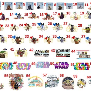 May include: A collection of Star Wars and Disney-themed graphics. The images feature characters like Darth Vader, Yoda, and Mickey Mouse, along with the Star Wars logo and Disneyland text. The designs are colorful and varied.