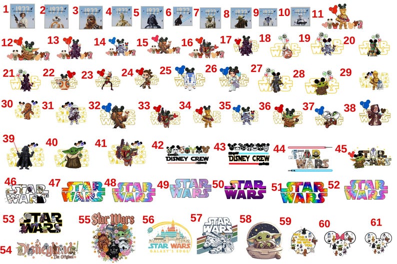 May include: A collection of Star Wars and Disney-themed graphics. The images feature characters like Darth Vader, Yoda, and Mickey Mouse, along with the Star Wars logo and Disneyland text. The designs are colorful and varied.