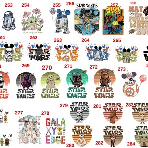 May include: A collection of Star Wars themed graphic designs featuring characters like Darth Vader, Yoda, and R2-D2. Designs include text like "May the Fourth be with you" and the Star Wars logo. Various colors and styles are displayed.