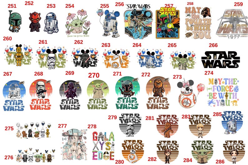 May include: A collection of Star Wars themed graphic designs featuring characters like Darth Vader, Yoda, and R2-D2. Designs include text like "May the Fourth be with you" and the Star Wars logo. Various colors and styles are displayed.