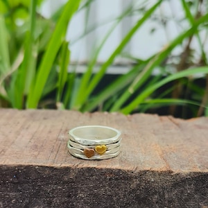 Sterling Silver Spinner Ring with Gold Heart | Anxiety Fidget Ring | Hammered Meditation Ring | Handmade Worry Ring Gift for Her
