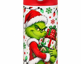 May include: A white cylindrical water bottle with a red lid and base, featuring a graphic of a green character wearing a Santa hat and holding a stack of wrapped Christmas gifts, surrounded by colourful holiday light bulbs and snowflakes.