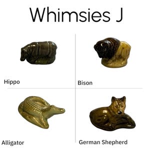 Whimsies J assortment, hippo, bison, alligator, German shepherd, small vintage Wade Whimsies miniatures