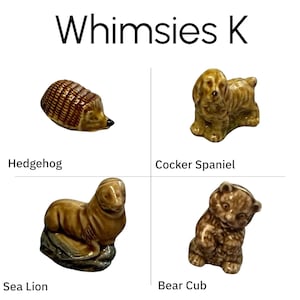 Whimsies K cluster, hedgehog, cocker spaniel, sea lion, bear cub, glazed mini animal ceramic figurines