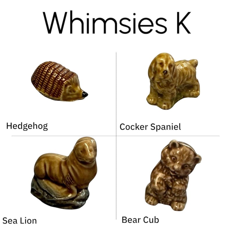 Whimsies K cluster, hedgehog, cocker spaniel, sea lion, bear cub, glazed mini animal ceramic figurines