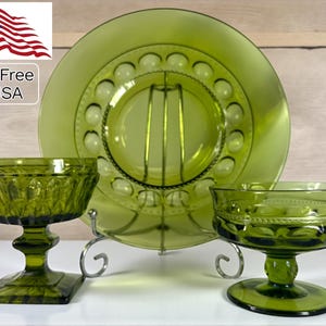 Vintage Green Pressed Glass Green Avocado - Beautiful Retro Design, Dessert Glasses and Plates. Stunning. Indiana Glass