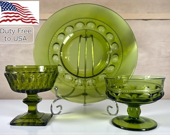 Juego de postre vintage de vidrio prensado verde aguacate - Indiana Glass