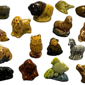 Assorted vintage Wade Whimsies animal figurines, tiny glazed porcelain mini zoo animals in earthy browns and creams