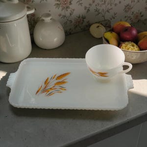 Peut inclure: Une tasse à thé en verre de lait blanc et un plateau rectangulaire assorti avec un motif de blé. Le plateau a un bord festonné et des poignées. La tasse et le plateau sont sur un comptoir gris, avec un bol de fruits en arrière-plan.