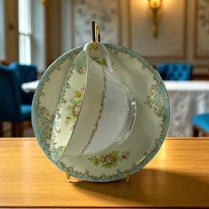 Vintage Noritake Hand Painted Teacup & Saucer Set – Japan, Mint Green Gold Floral – M Mark pre-1940s. Gorgeous specimen