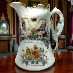 Edward VII Coronation Jug: Antique Royal Souvenir, 1902 Porcelain Pitcher