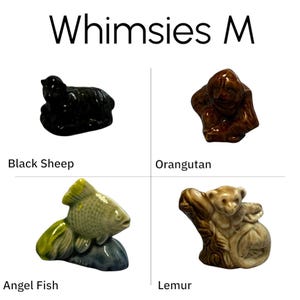 Whimsies M pieces, black sheep, orangutan, angel fish, lemur, tiny collectible animal figurines with shiny glaze