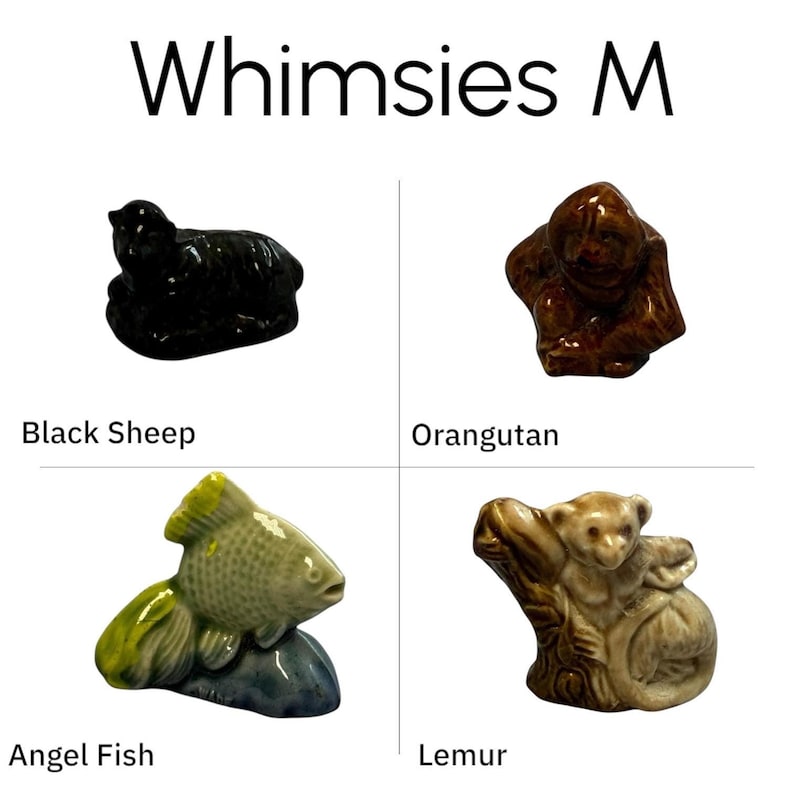 Whimsies M pieces, black sheep, orangutan, angel fish, lemur, tiny collectible animal figurines with shiny glaze