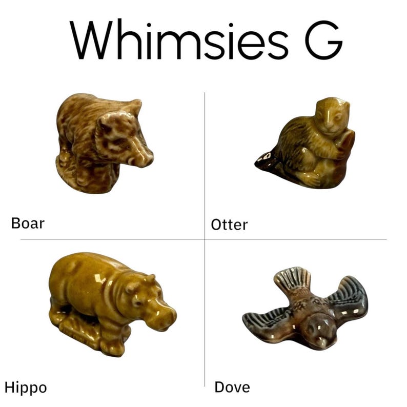 Side view of small hippo, boar and otter porcelain miniatures, glossy caramel glazes, vintage Wade Whimsies animal figurines
