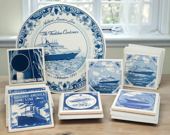Vintage Holland America Line Delft Blue Plate & Tile Coasters – Made in Holland – Nautical Collection