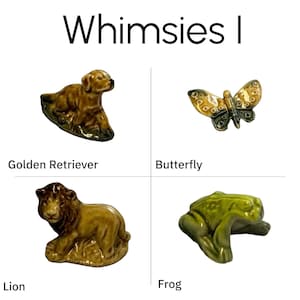 Tiny golden retriever, butterfly and frog porcelain miniatures, glossy accents, vintage Wade Whimsies animal figurines