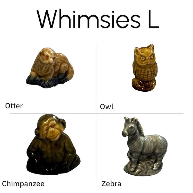 Whimsies L lineup, otter, owl, chimpanzee, zebra, English Wade pottery animals with rounded, glossy finish