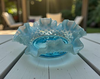 Vintage Fenton Glass Blue OPALESCENT HOBNAIL FOOTED Covered