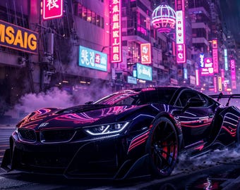 Neon Night Street with Futuristic Car — Digital Download