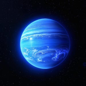 May include: A bright blue planet with swirling cloud formations and a luminous area, set against a dark, star-filled backdrop. The planet's surface has a glowing, ethereal quality, suggesting a celestial or fantasy theme.