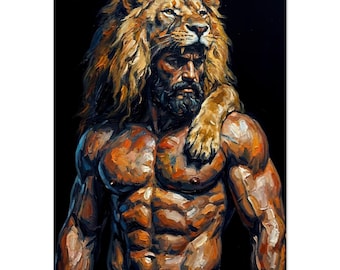 Plakat mitologiczny Herkulesa i lwa nemejskiego