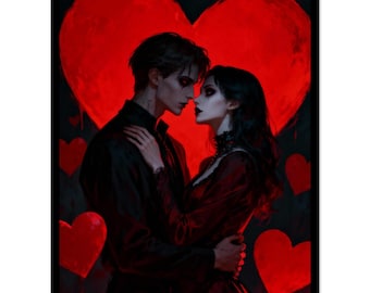 May include: A romantic gothic-style print featuring a couple embracing in front of a large red heart. The man wears a black shirt, and the woman is in a red dress. Small red hearts are scattered in the background. The artwork has a dark, dramatic aesthetic.