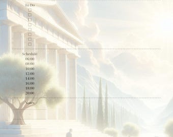 May include: A daily planner with a classical Greek-inspired design. The planner includes sections for top priorities, to-do lists, a schedule from 6:00 to 20:00, notes, and meal planning. The text "AspisArtworks" is visible at the top.
