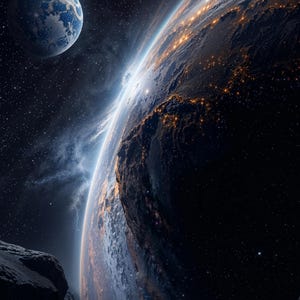 May include: A digital art image of a planet with a blue and white moon in the background. The planet is partially lit, with city lights visible on the dark side. The foreground features a rocky surface.