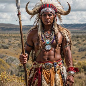 Puede incluir: Una persona con vestimenta tradicional nativa americana, sosteniendo una lanza. El atuendo incluye un tocado de plumas con cuernos, collares de cuentas y una falda. El fondo muestra un paisaje con colinas y un cielo nublado.
