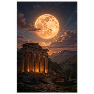 Ancient Greek Temple Aluminum Print | Glowing Moon Wall Art image 1