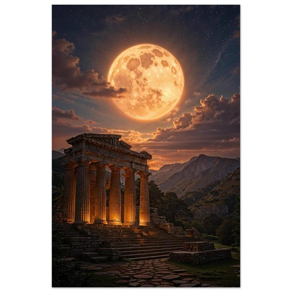 Ancient Greek Temple Aluminum Print | Glowing Moon Wall Art
