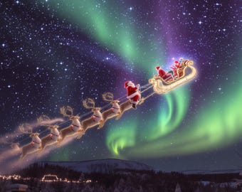 May include: A festive Christmas scene depicts Santa Claus in his sleigh, pulled by reindeer, soaring across a starry night sky with vibrant green and purple aurora borealis. Snow-covered rooftops and trees are visible below.