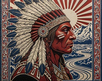Póster antiguo con sello de jefe tribal / Impresión digital de arte nativo en rojo y beige