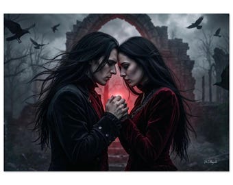 Gothic Lovers Print, Dark Romance Artwork, Ravens, Matte Paper