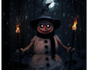 Lámina artística de terror con muñeco de nieve espeluznante / Decoración de pared de bosque invernal oscuro