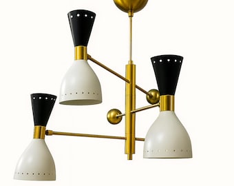 Mid-Century Modern Brass Chandelier: Black & White Shades, 3-Arm Pendant Light