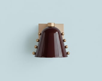 Burgundy Cone Shade Brass Wall Sconce – Mid-Century Lamp with Rivet Accents - Home Décor