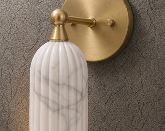 Handmade Natural Alabaster Cylinder Sconce – Modern Brass Minimalist Lighting