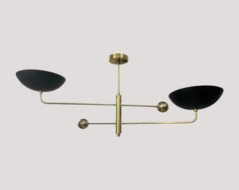 Modern Brass Two-Arm Ceiling Light | Mid-Century Black & Gold Chandelier | Adjustable Pendant