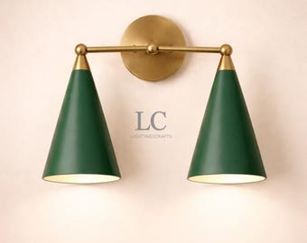 Mid Century Modern Emerald Green Light  -  Double Shade Cone Brass Wall Sconce